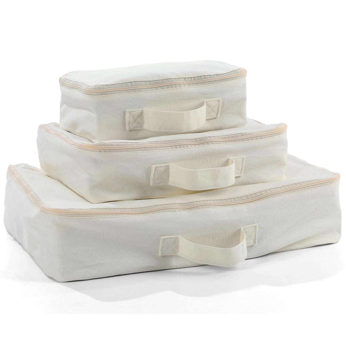 Shinymoon 3 Set 100% Cotton Packing Cubes with Handle Travel Luggage Storage Organizer Bags Beige Suitcases Bags Durable Zippers for Clothes Shoes Storage Weekend Plus Set(Regular Styles)