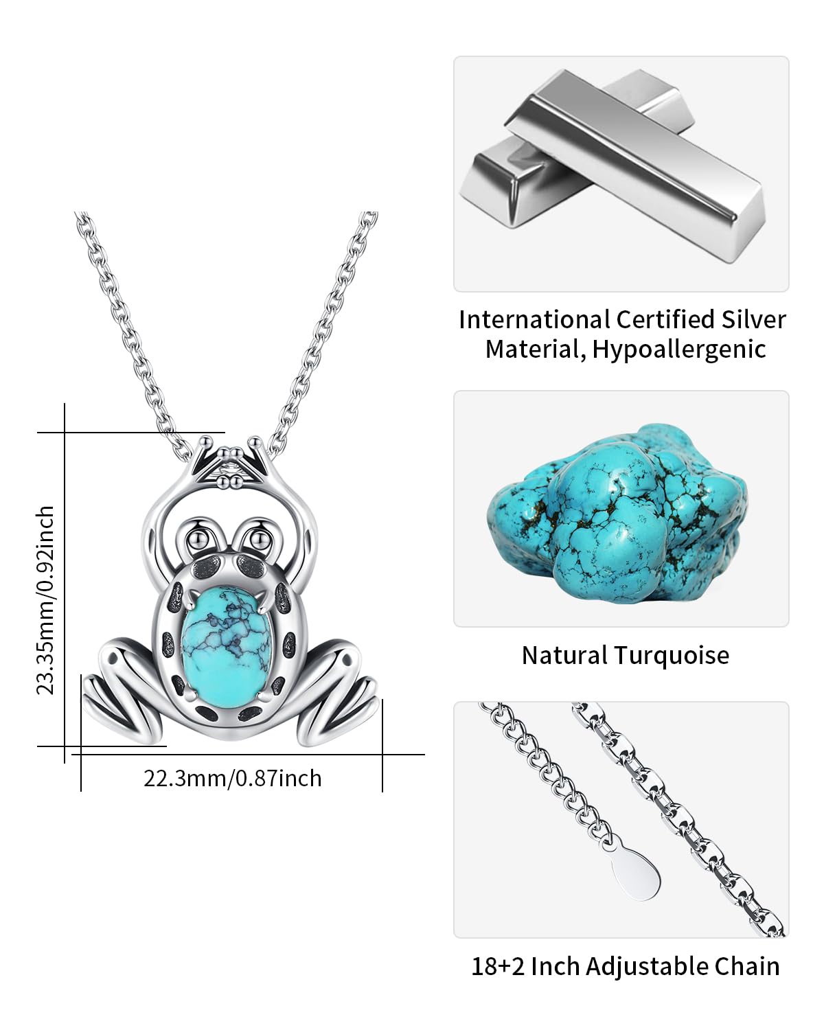 BDL Frog Necklace - Turquoise Jewelry, Sterling Silver Natural Turquoise Cute Pendant Western Jewelry, Gifts for Women, Men or frog lovers, 18"