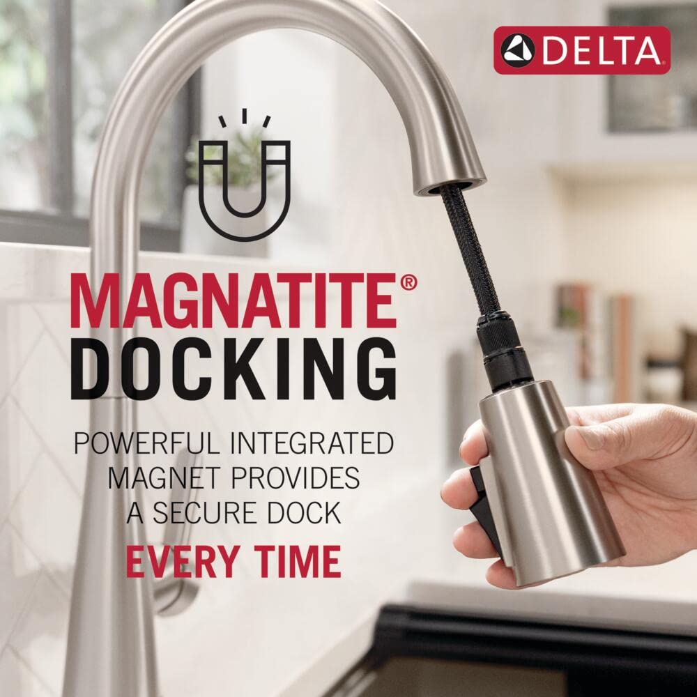 Delta Trinsic Matte Black Kitchen Faucet with Pull Down Sprayer, Modern Single Hole Kitchen Sink Faucet, Single Handle, Matte Black 9159-BL-DST
