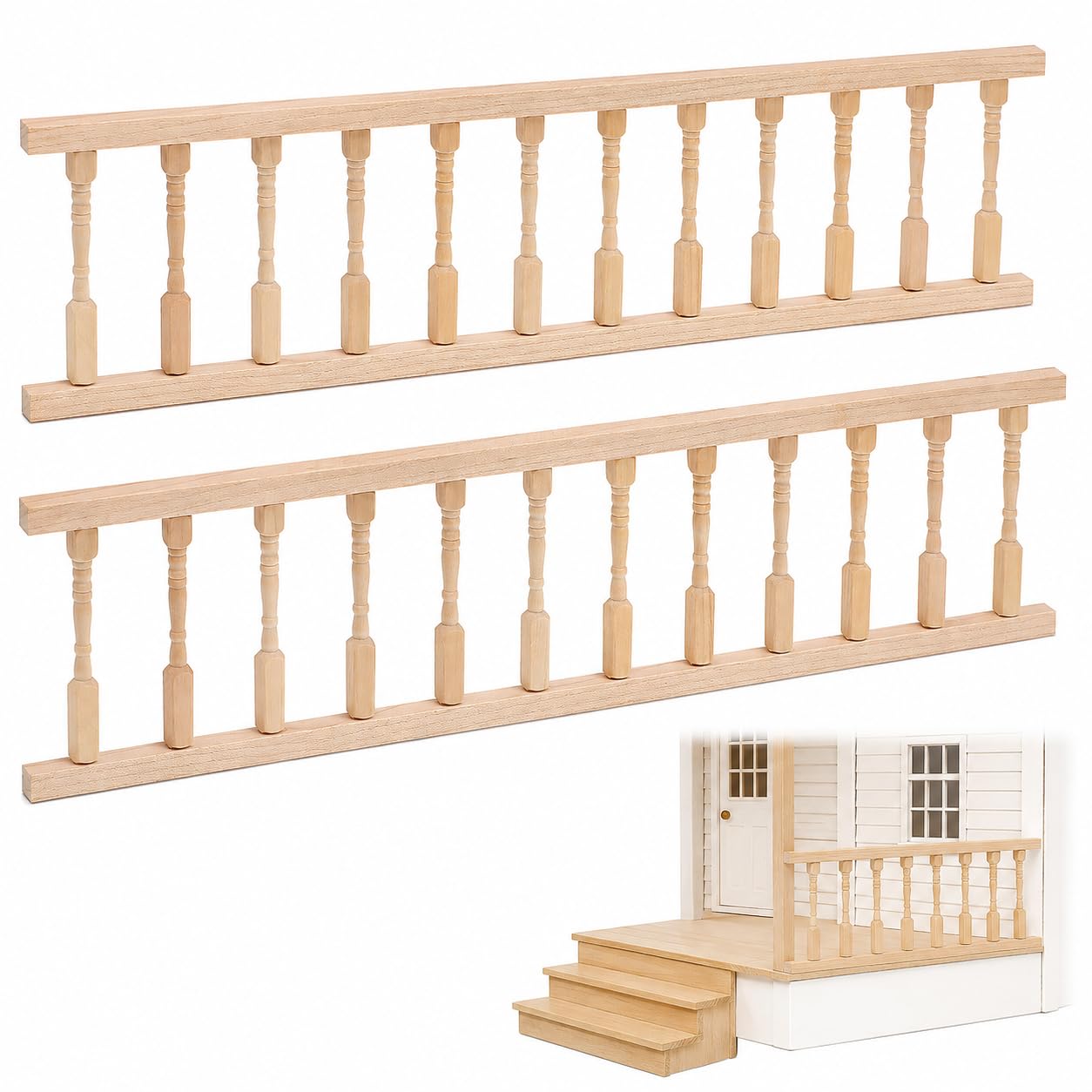 Garneck 2PCS Dollhouse Railing Kit: 1:12 Scale Unfinished Wooden Handrail Miniature Porch Railing for Balcony Tiny Stair Fence Accessories DIY Fairy Doll House Furniture Decoration