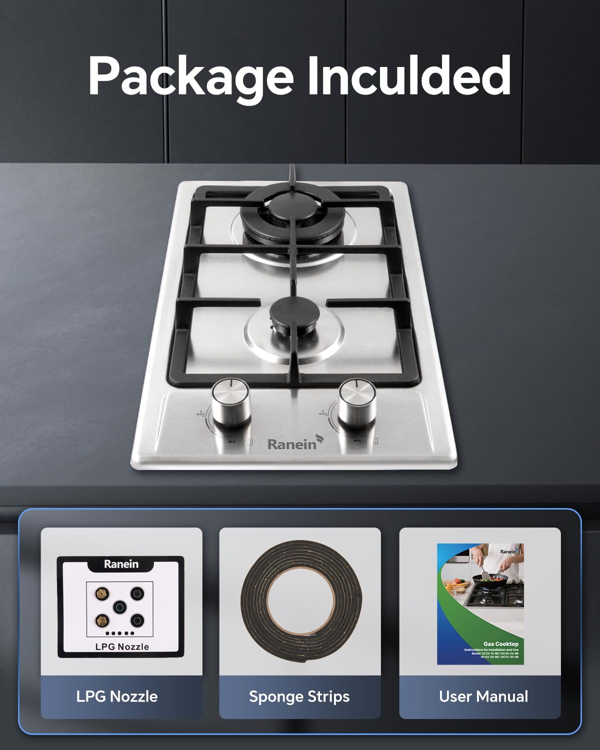 2 Burner Gas Cooktop – Stainless Steel Built-in Gas Stove for Apartment & Small Kitchen, LPG/NG Convertible, Easy Installation, Compact Size