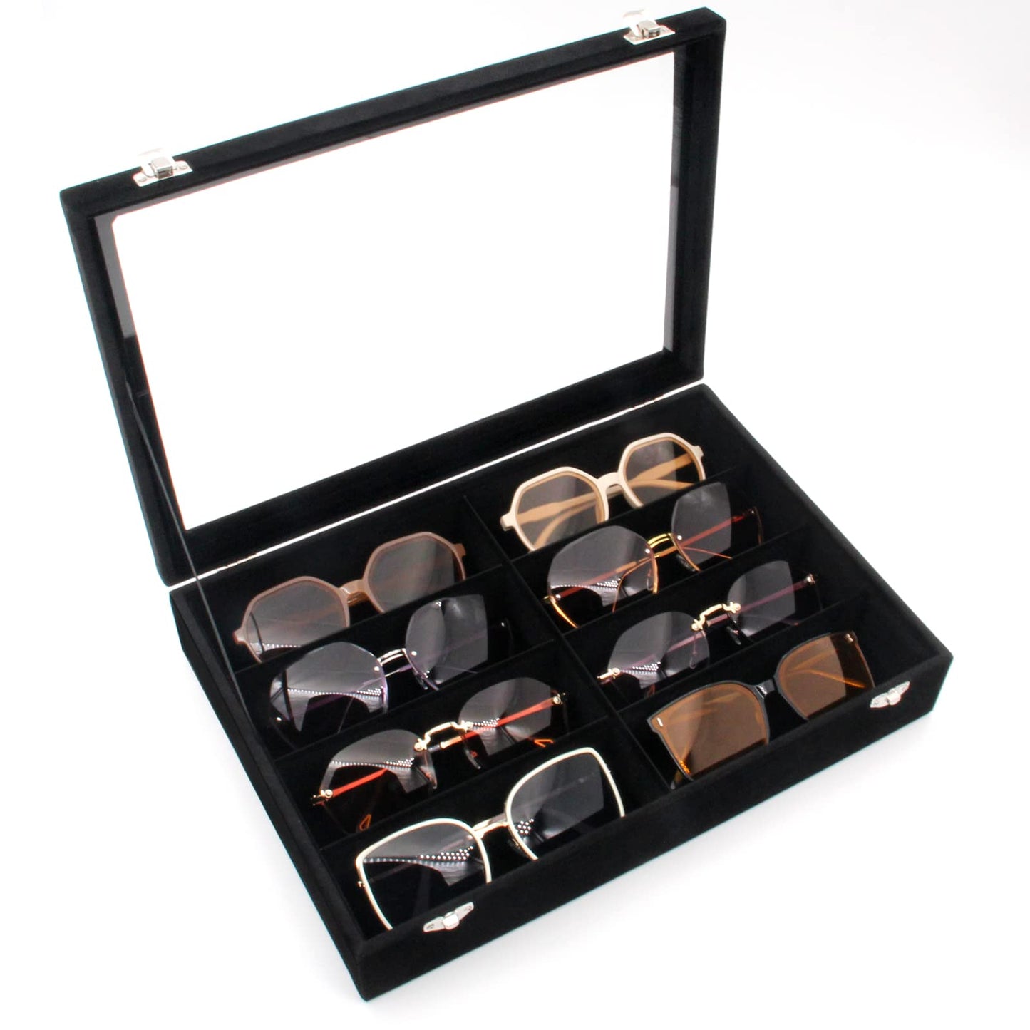 KLOUD City Luxury Sunglasses Organizer - 8 Slot Velvet Jewelry Storage Case with Clear Glass Lid | Dustproof, Scratch-Resistant Display for Glasses & Watches | Elegant Gift Box (14"x9.5")