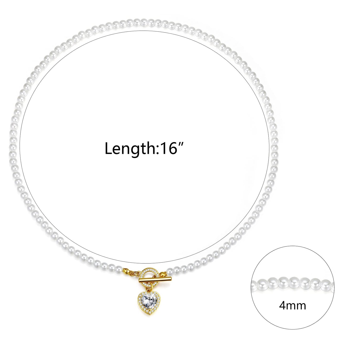 Luxval Pearl Necklaces Choker for Women,CZ Heart Pendant Cream White Pearl Jewelry, Pearl Necklace with Charm Dainty Toggle Clasp Crystal Necklace for Women Jewelry Gifts