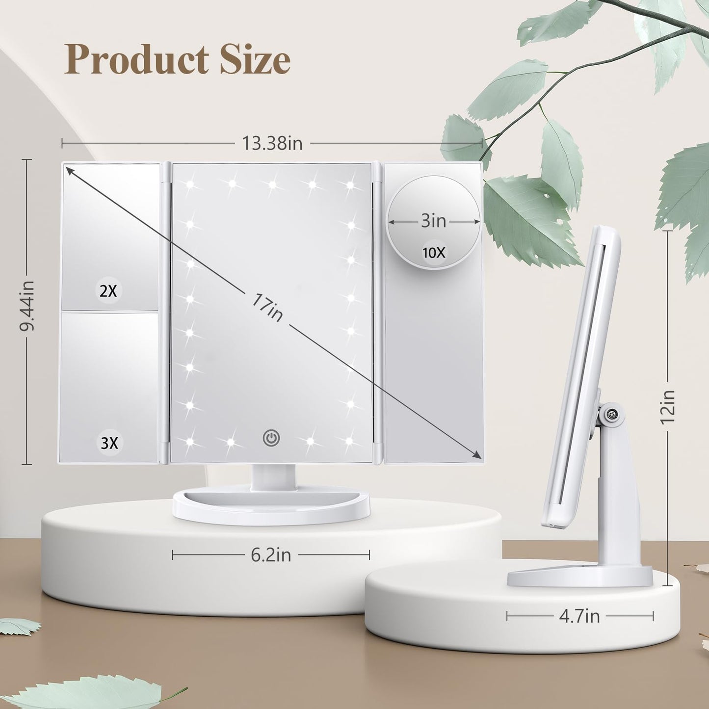 HUONUL Makeup Mirror, Gifts for Mom Mothers Day, Vanity Mirror with Lights, 2X/3X/10X Magnification, Touch Control, Trifold, Dual Power Supply, Birthday Gifts for Women, Girls, Dorm Room Essentials
