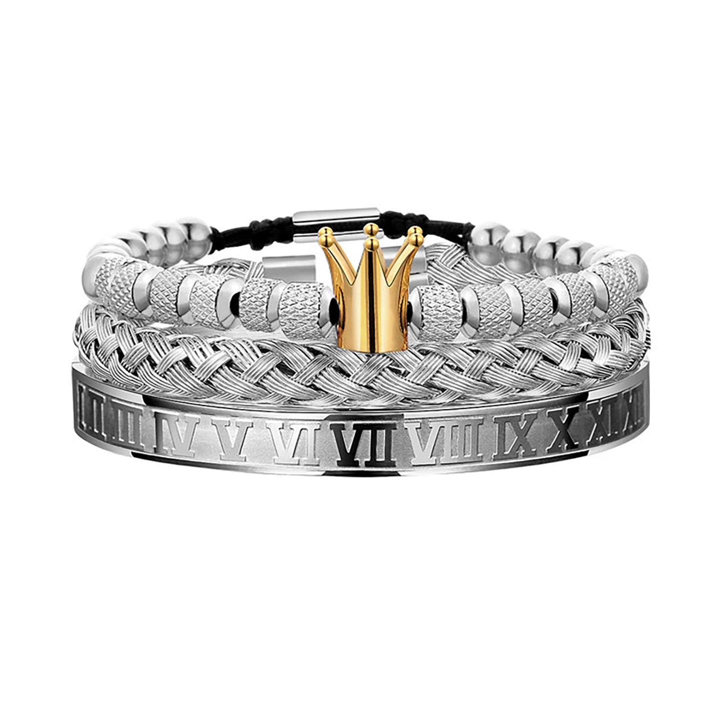 WFYOU 3PCS Stainless Steel Bracelets for Men Gold Roman Numeral Bangle Bracelet Twisted Cable Bracelet Adjustable Cuff Bracelet Mens Luxury Jewelry Bracelets Gifts(B:Silver&Gold- Crown)