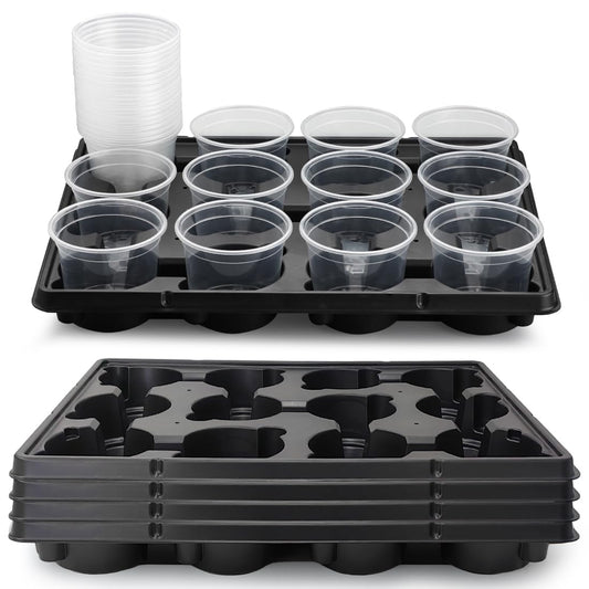 RooTrimmer 12 Cell Nursery Pot Trays 5 Pack with 4 Inch Clear Plant Pots 60 Pack, Thick Sturdy Seeds Starting Germination Shuttle Carrying Trays, Black Small Planter Nursery Propagation 5 Sets