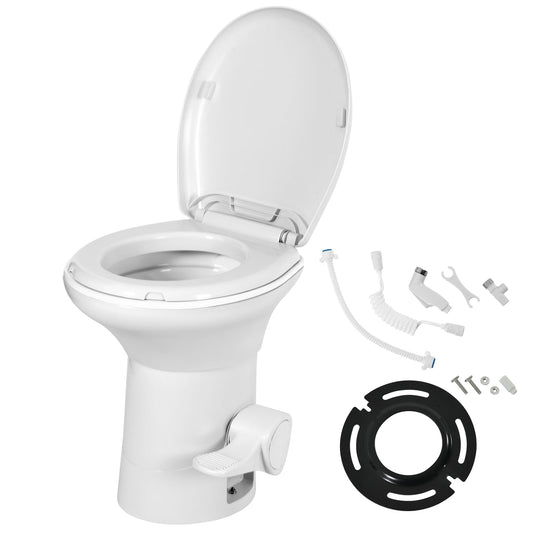 YITAMOTOR RV Toilet with Enamel Bowl, Plastic Toilet Body, Pedal Flush, Gravity Flush Toilet High Profile with Hand Sprayer and Flange for Motorhome Caravan Car Travel