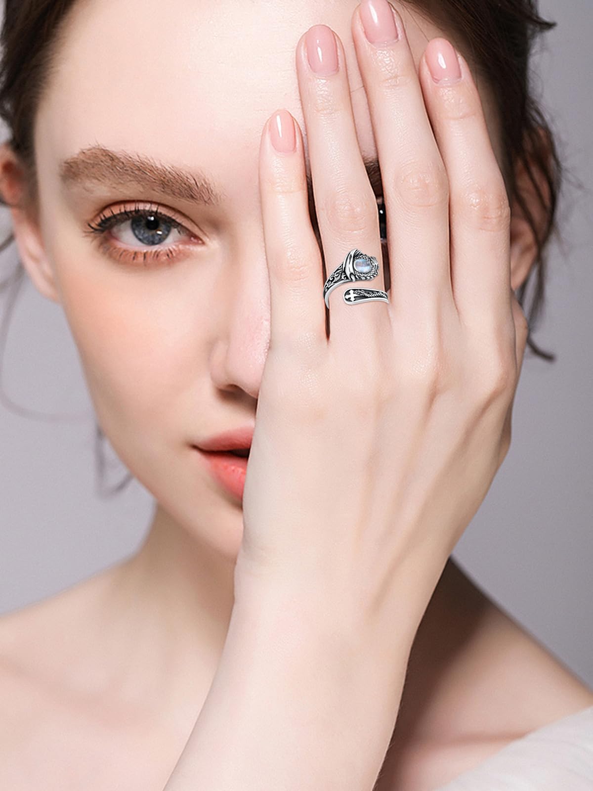 Midari Moonstone Dragon Spoon Rings for Women 925 Sterling Silver Adjustable Dragon Moonstone Rings Abalone Open Spoon Thumb Rings Dragon Jewelry for Women Men Birthday Christmas Gifts