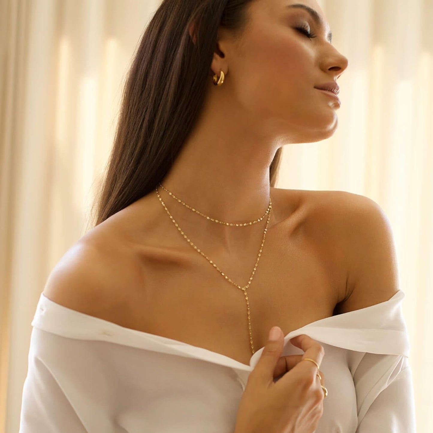 Treasure Bender Lariat Gold Necklace for Women Dainty Long 14k Gold Plated Y-Shaped Body Chain Choker Necklace Layered Trendy Non Tarnish Simple Necklaces Gold Jewelry for Women Set Gift