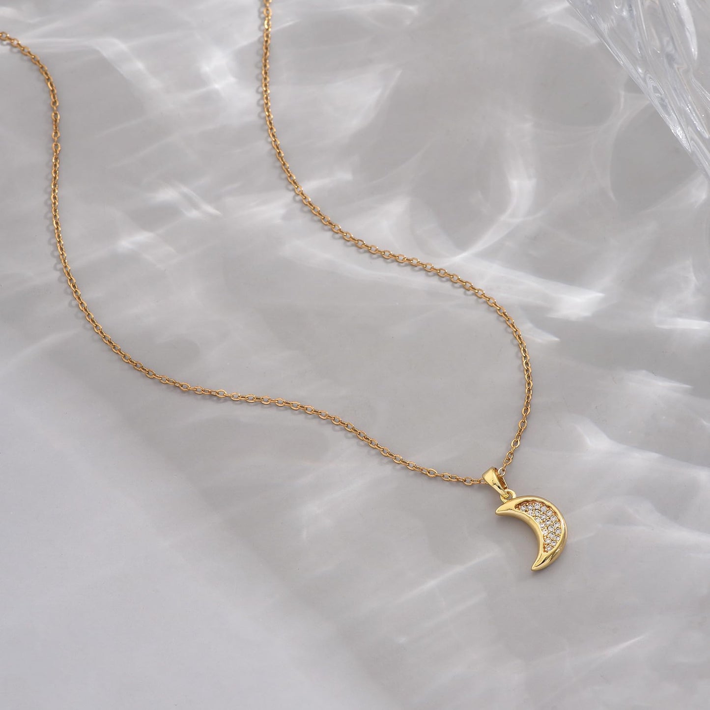 NONAMOIS 18K Gold Plated CZ Diamond Moon Pendant Necklace for Women Stainless Steel Dainty Gold Crescent Moon Choker Necklace Trendy Non Tarnish Jewelry