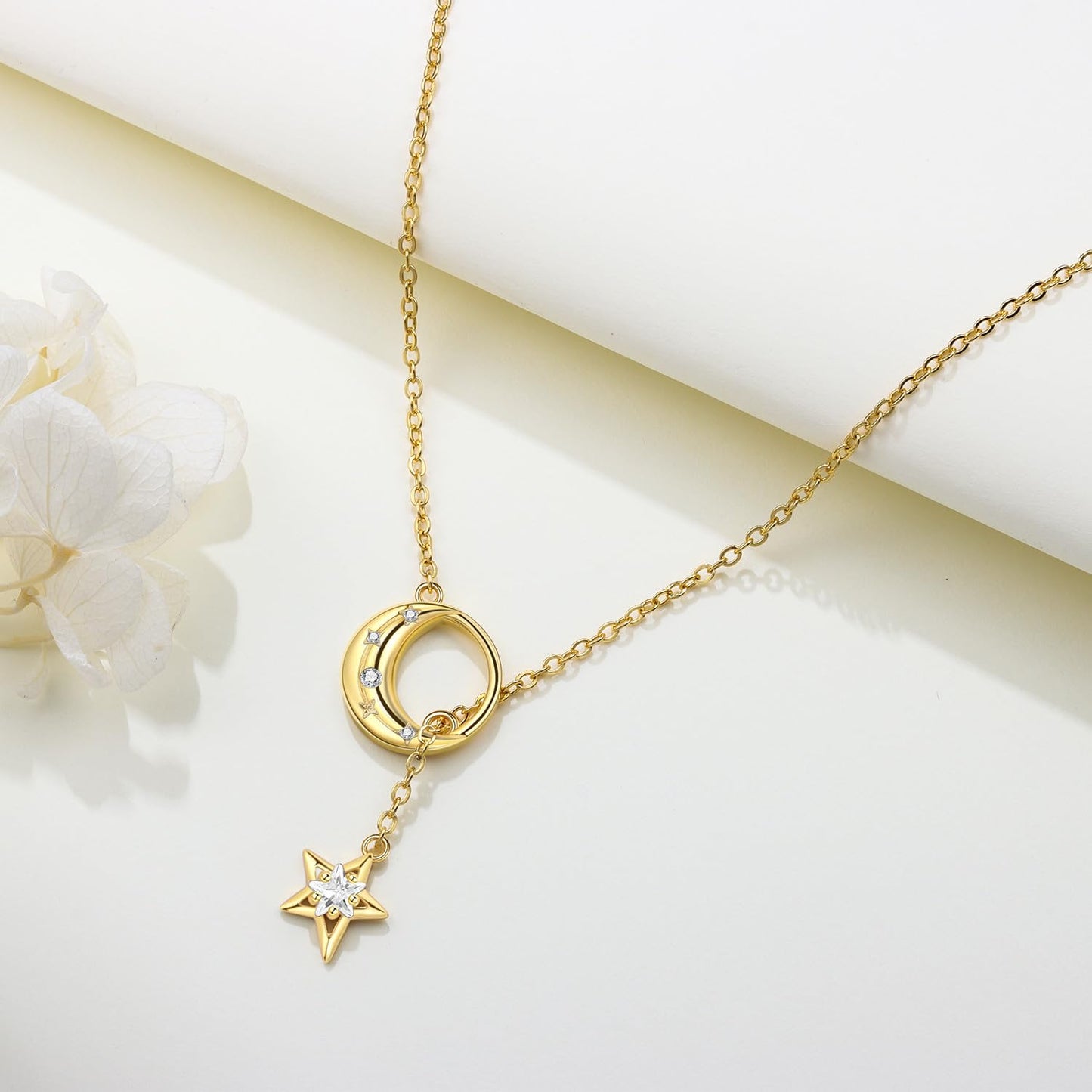 MISEFF 925 Sterling Silver Fashion Pendant Necklace for Women，Fashion Jewelry, 18K Gold Plated， Advanced Retro Series Link Chains ，Basic Multifunctional Accessories Suitable for Multiple Occasions and Daily Wear (Golden Star Moon Y-shaped Chain)