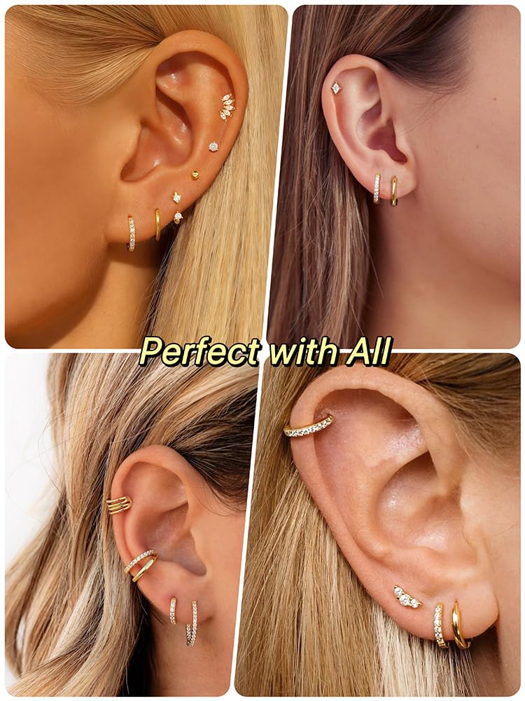 3 Pairs Gold Earrings for Women Hoop Earrings Non Tarnish: 14K Gold Plated Nickel Free Small Huggie Hoops Lightweight Earrings for Sensitive Ears, Sleep, Swim, Multiple Piercings 1st 2nd 3rd Ear Hole Helix