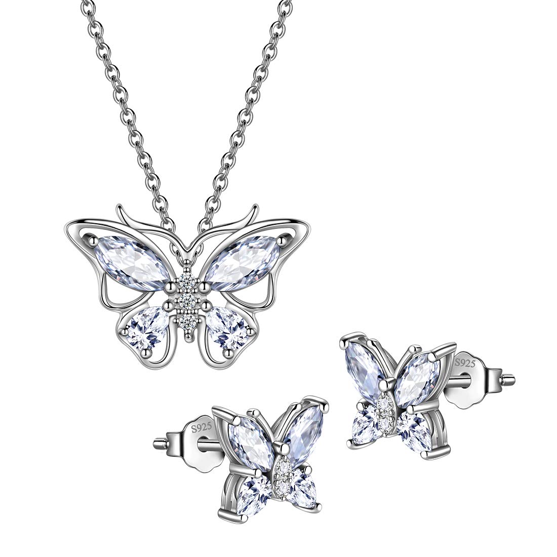 Hipunk Butterfly White Jewelry Sets Birthstone Women 925 Sterling Silver April-Diamond Birth Stone Animal Butterflies Jewelry Sets/Earring Set Crystal Birthday Jewelry SS0001W