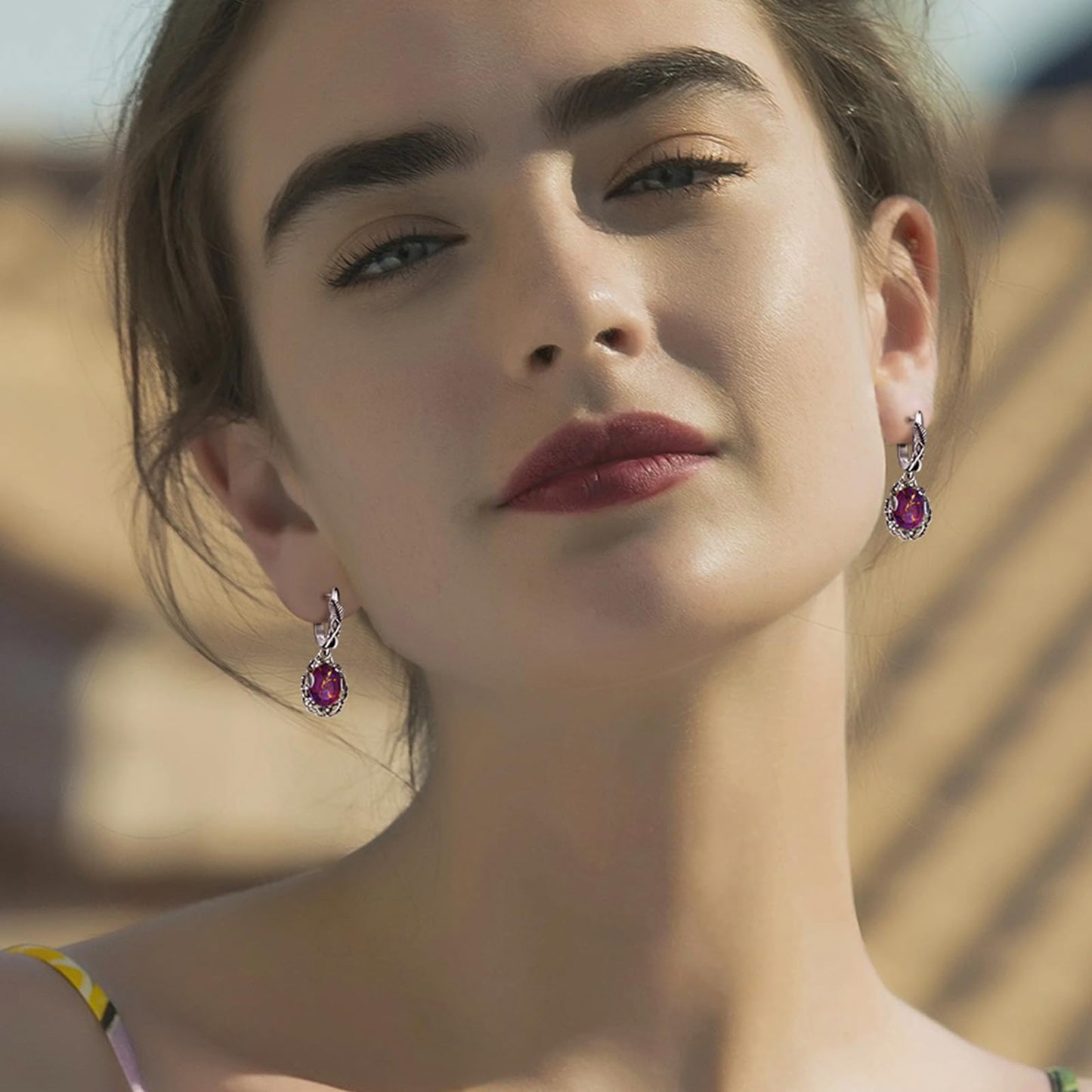 Phyonio Oval Purple Turquoise Dangle Earrings for Women Leaf Vine Flower Latch Back 925 Sterling Silver Earring Vintage Oxidised Bohemian Valentines Day Gift for Wife