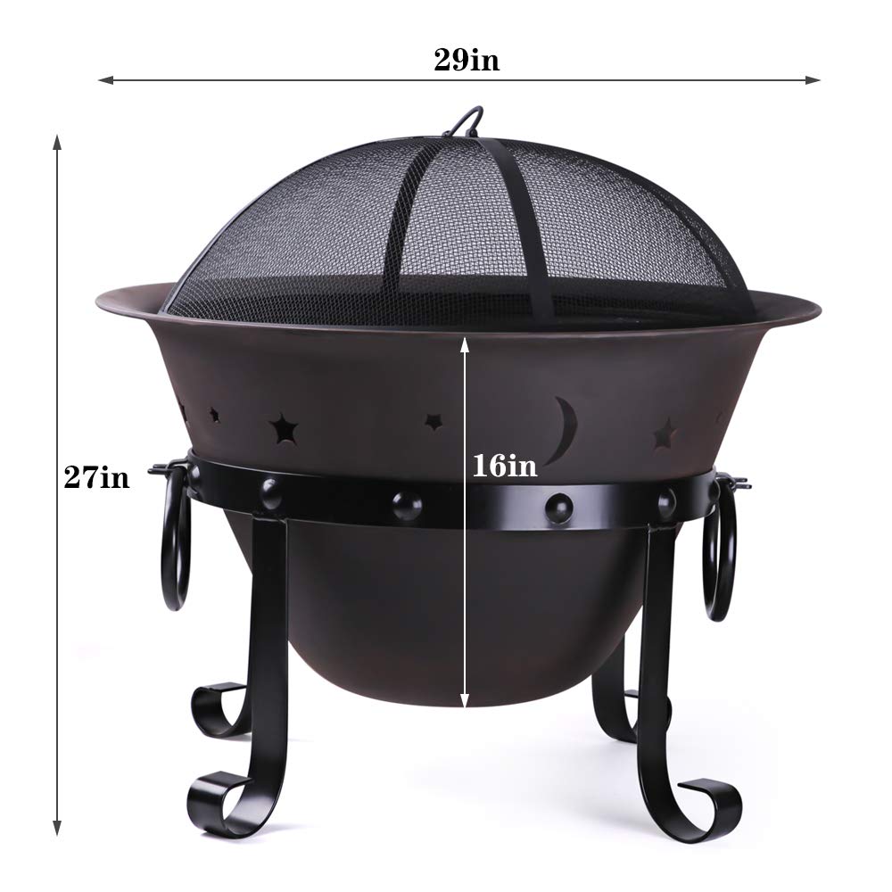 Cast Iron Fire Pits, Outdoor Round Wood Burning Fire Pit Bowl with Mesh Screen,Fireplace Poker,29 inch cast Iron Black