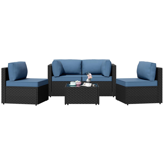 Shintenchi 5 Pieces Outdoor Patio Sectional Sofa Couch, PE Wicker Furniture Sets, Patio Conversation Sets with Washable Cushions Glass Coffee Table for Garden, Poolside, Backyard, Aegean Blue