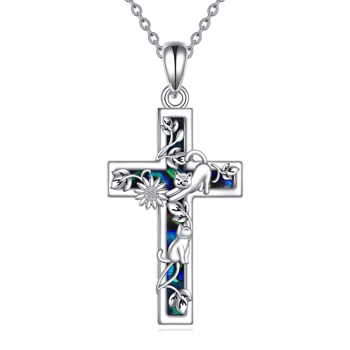 YFN Sunflower Cross Necklace Sterling Silver Cat Cross Pendant Abalone Shell Jewelry Religious Christian Baptism Gifts for Her Women