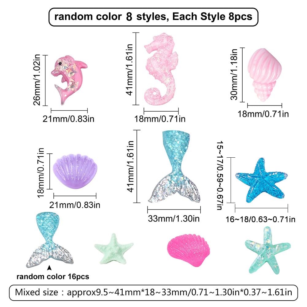 SUNNYCLUE 1 Box 80Pcs 9 Styles Animal Cabochons Colorful Sea Ocean Animals Charms Fish Tail Mermaid Dolphin Resin Cabochon Flatback for Scrapbooking Adult Women DIY Jewelry Crafts, Random Style