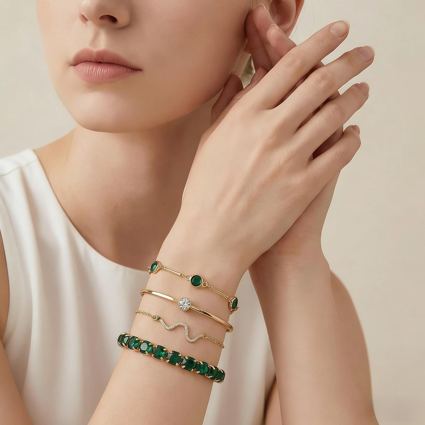 VEINARDYL Gold Birthstone Bracelets for Women, Green Birthstone Layered Jewelry Cuff Gold Plated Bangles, Open Adjustable Bracelets Fashion Accessories Jewelry Set for Mothers Day Gifts