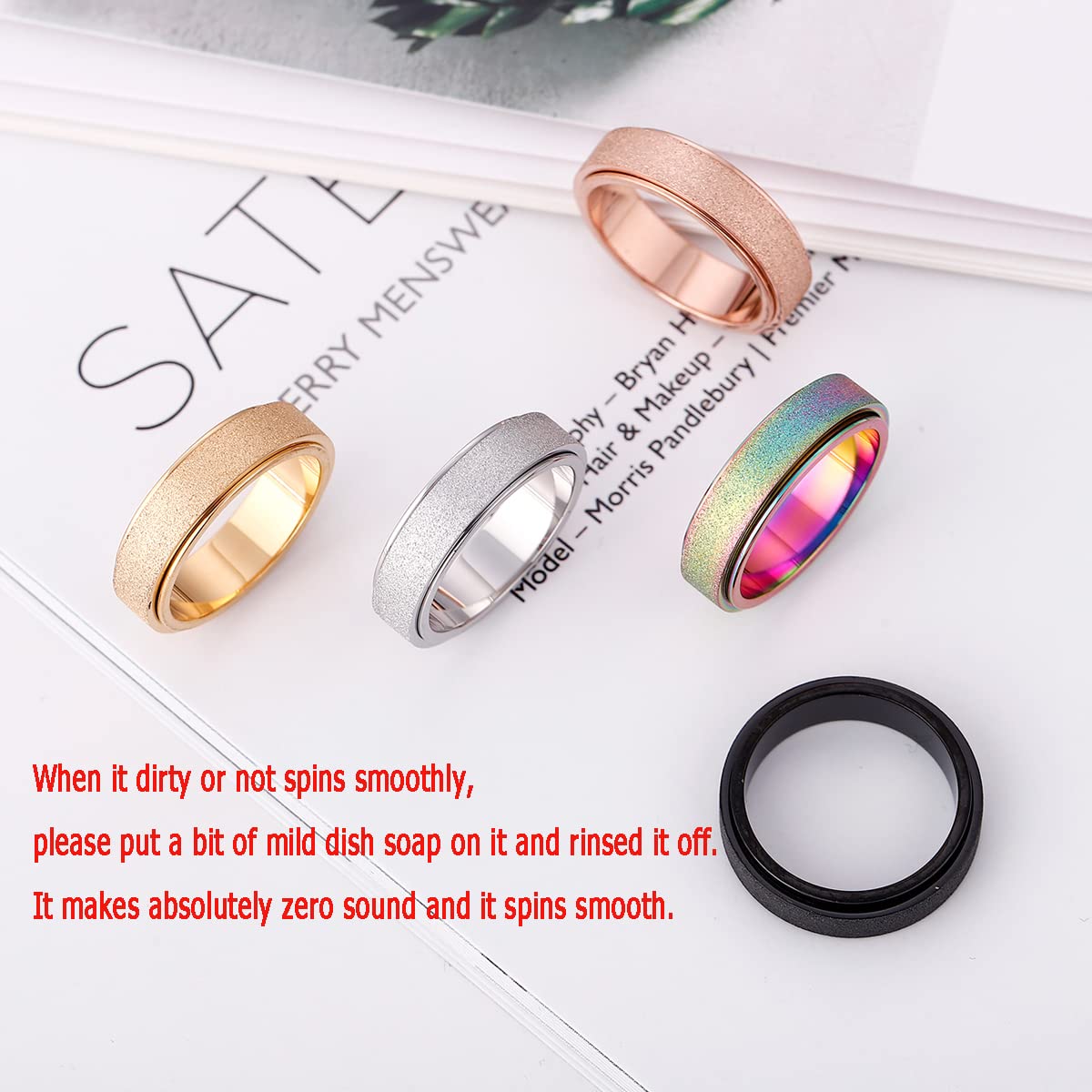 Anxiety Ring for Women Fidget Spinner Ring Fidget Toys Adults Titanium Stainless Steel Thumb Ring 6mm Wide Black Size 9