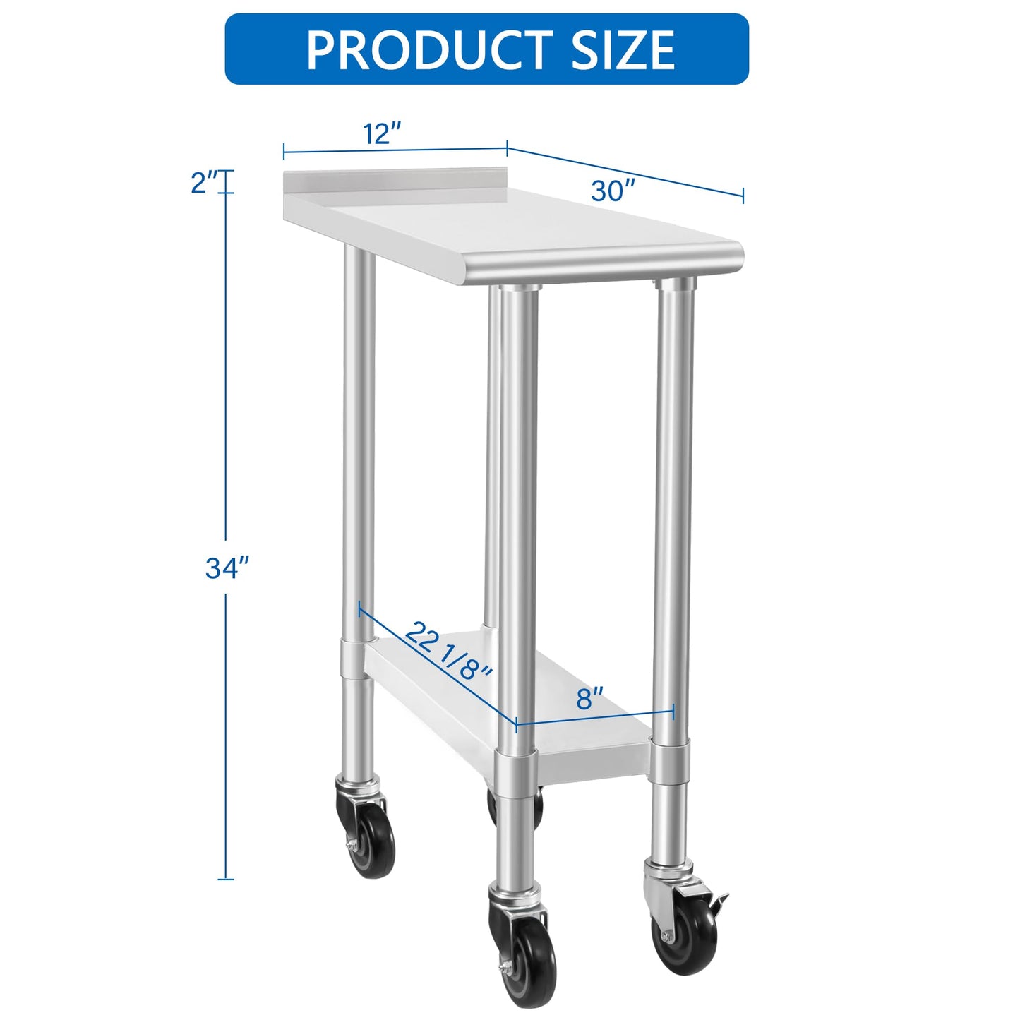 HARDURA Stainless Steel Commercial Work Table with Wheels Prep & Work Metal Table 30×12 Inches Heavy Duty NSF with Casters and 2" Backsplash