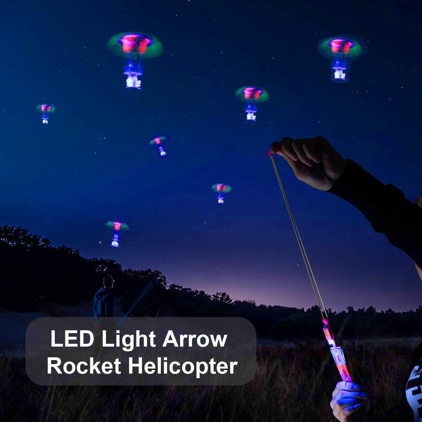 JX 24 Pack Rocket Slingshot Flying Toys with Led Lights,24Pcs LED Arrow Helicopters + 24Pcs Launchers,Summer Outdoor Game LED Slingshot Toy for Kids, Glow in The Dark Kids Party Supplies
