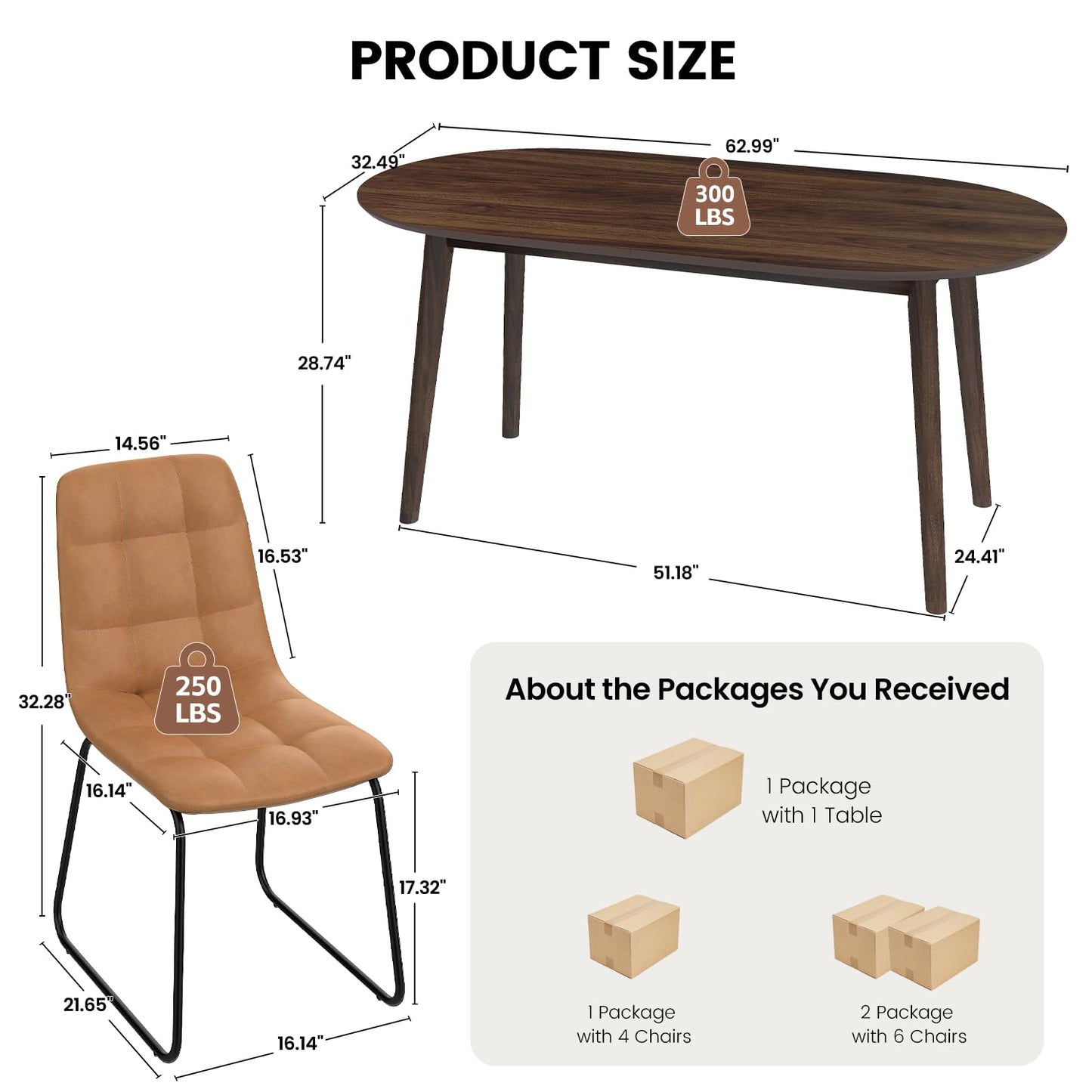 63" Oval Dining Table Set for 6, 7 Piece Modern Dining Table Set for Kitchen and Dining Room, Solid Wood Legs Dining Table with 6 Checkered PU Leather Dining Chairs（Walnut Table+6 Brown Chairs)