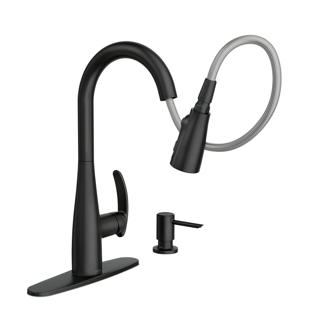 Moen Reyes Matte Black Pulldown Kitchen Faucet with Soap Dispenser and Power Boost, Transitional Kitchen Faucet, One-Handle High Arc, Easy Installation, 87932BL