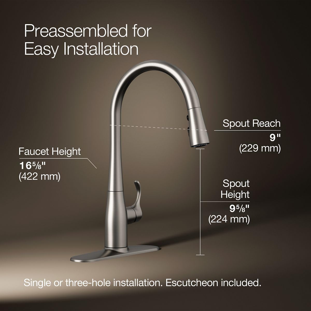 KOHLER 596-VS Simplice Kitchen Sink Faucets with Pull Down Sprayer, 3-Spray Design, Vibrant Stainless Kitchen Faucets, High Arch
