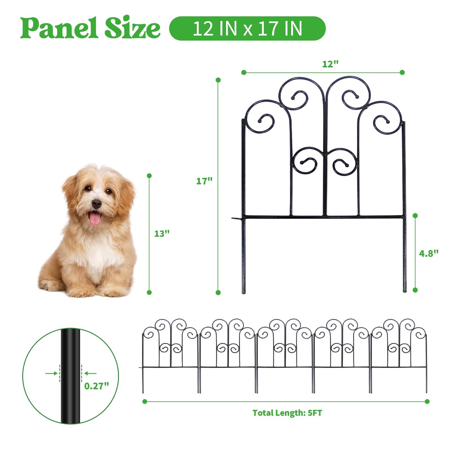 SCENDOR Decorative Iron Garden Fence 12" W x 17" H, Pack of 5 Panels Rust-Resistant Metal Fence Panels for Flower Beds, Vegetable Gardens, and Landscaping - Dog, Cat, Rabbit Designs Available