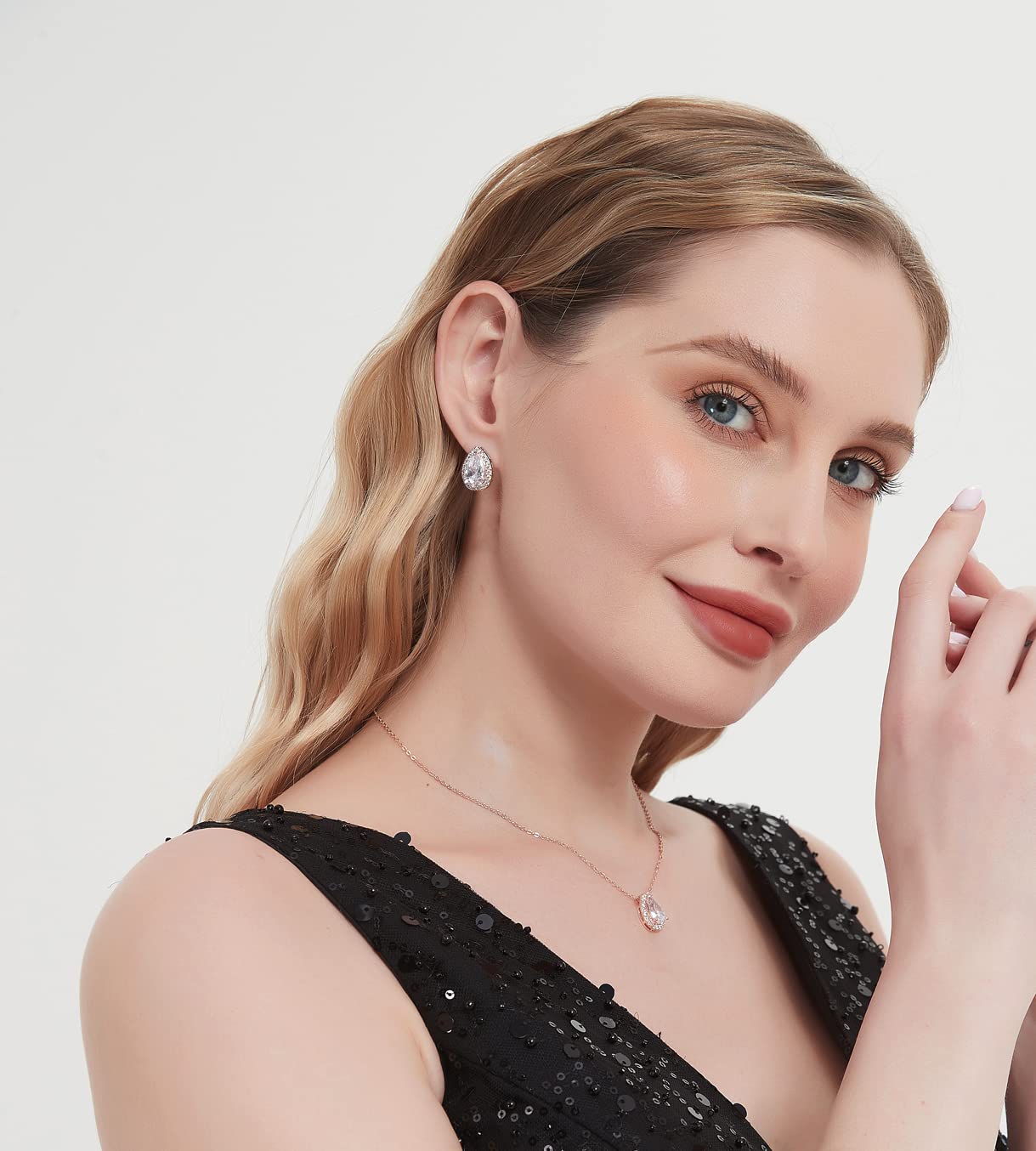 UDYLGOON Teardrop Cubic Zirconia Jewelry Set Necklace Earrings Bracelet Bridal Wedding Jewelry for Women Bridesmaid Prom Party (2 Set - Rose Gold Plated)