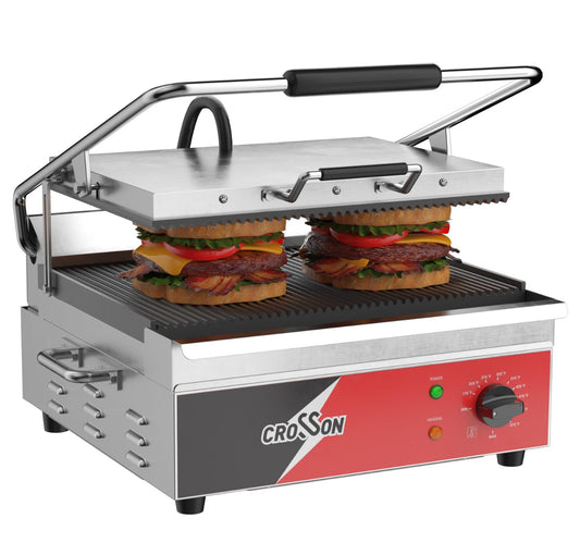 CROSSON 15"×11" Ribbed ETL Listed Commercial Electric Panini Grill,Hinged Auto Leveling Top Plate Panini Press Sandwitch Maker