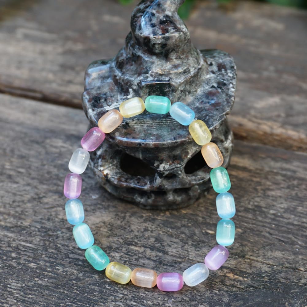 TaHLga Natural Rainbow Selenite Crystal Bracelet | Plated 6x9mm Cylinder Beads | Authentic Stone with Leather Pouch, Gift Box & Repair Kit | Fits about 7 inch Wrist