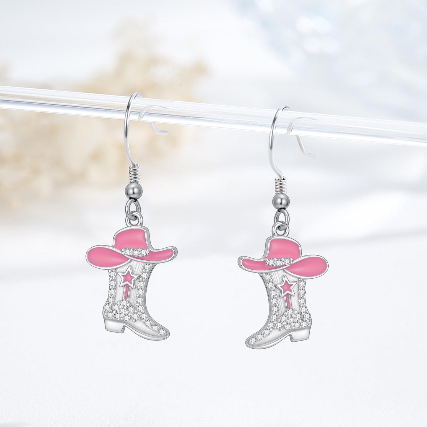 KoyeKei Pink Cowgirl Boot Earrings Western 925 Sterling Silver Pink Cowboy Texas Boot Country Dangle Drop Cubic Zirconia Earrings Western Jewelry Christmas Gifts for Women