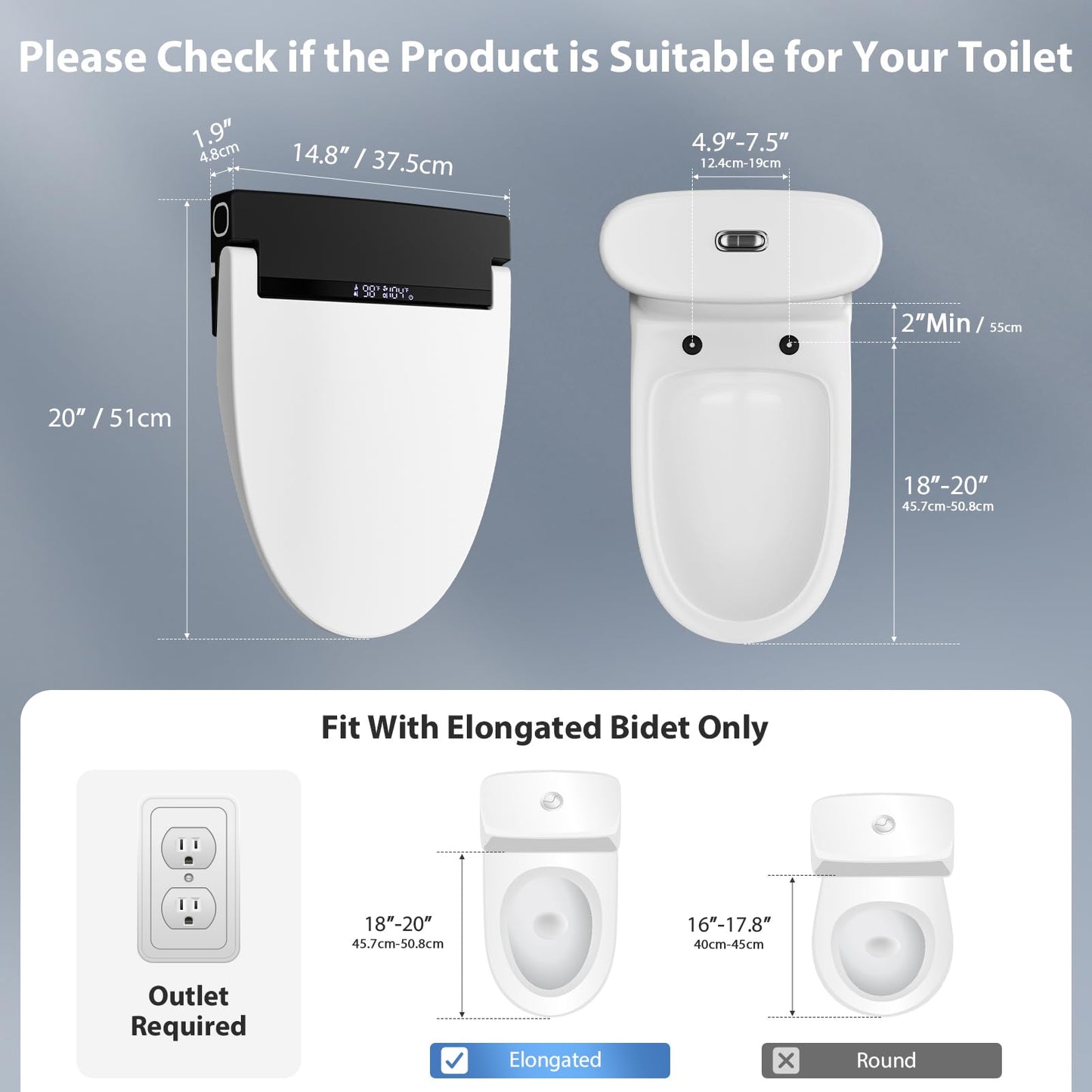 Baotree Electric Toilet Seat, Elongated Smart Heated Toilet Seat with Warm Water & Dryer, Feminine & Child Hip Wash, Wireless Remote, Self-Clean, Stainless Steel Nozzle, Adjustable Water Pressure