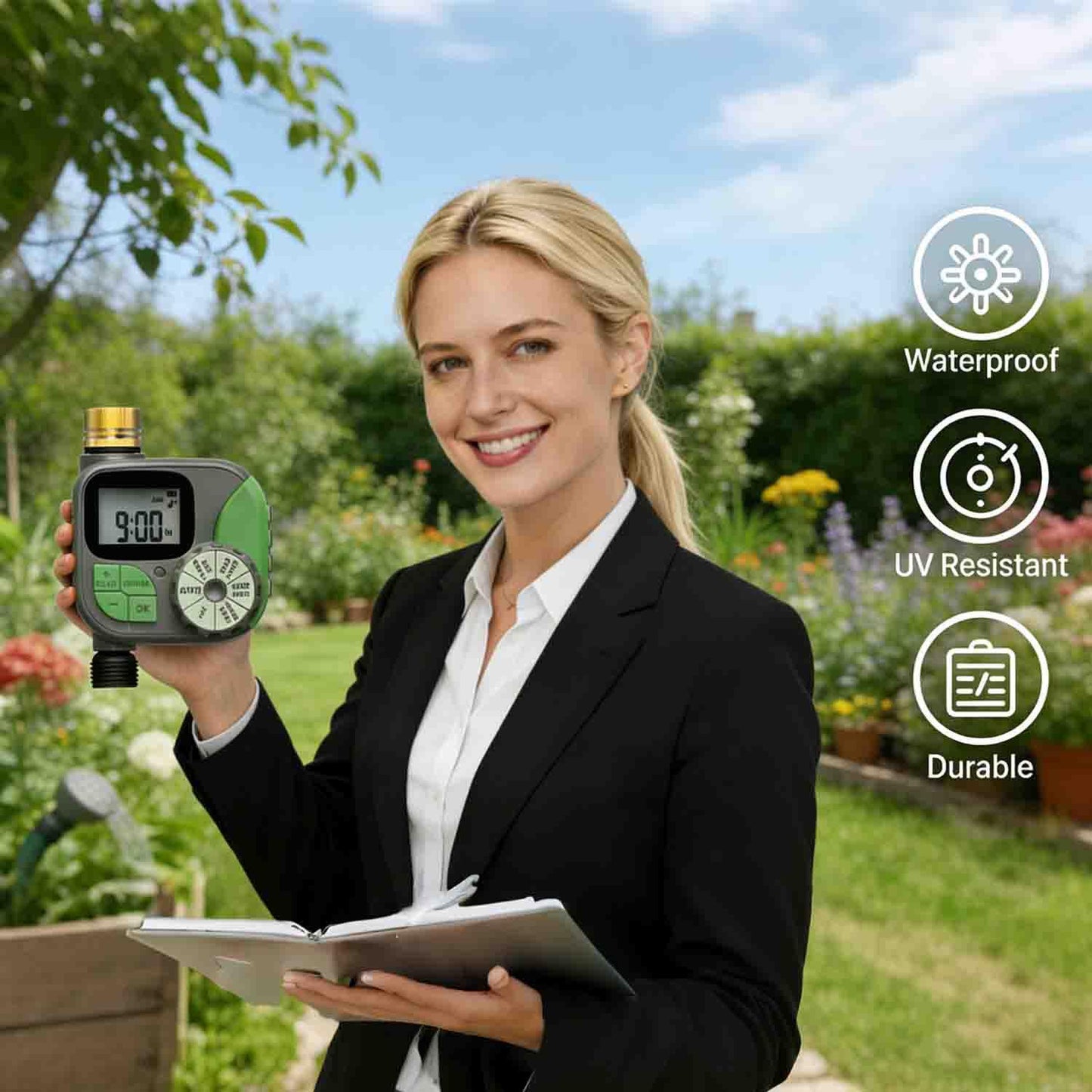 Drip Irrigation System with Water Timer(Dual System) Plug-in Quick Connection Drip Irrigation Kit 5/16“ID and 1/4 Inch Pipe Auto Watering System for Garden Spray, Greenhouse, Lawn, Potted Plants