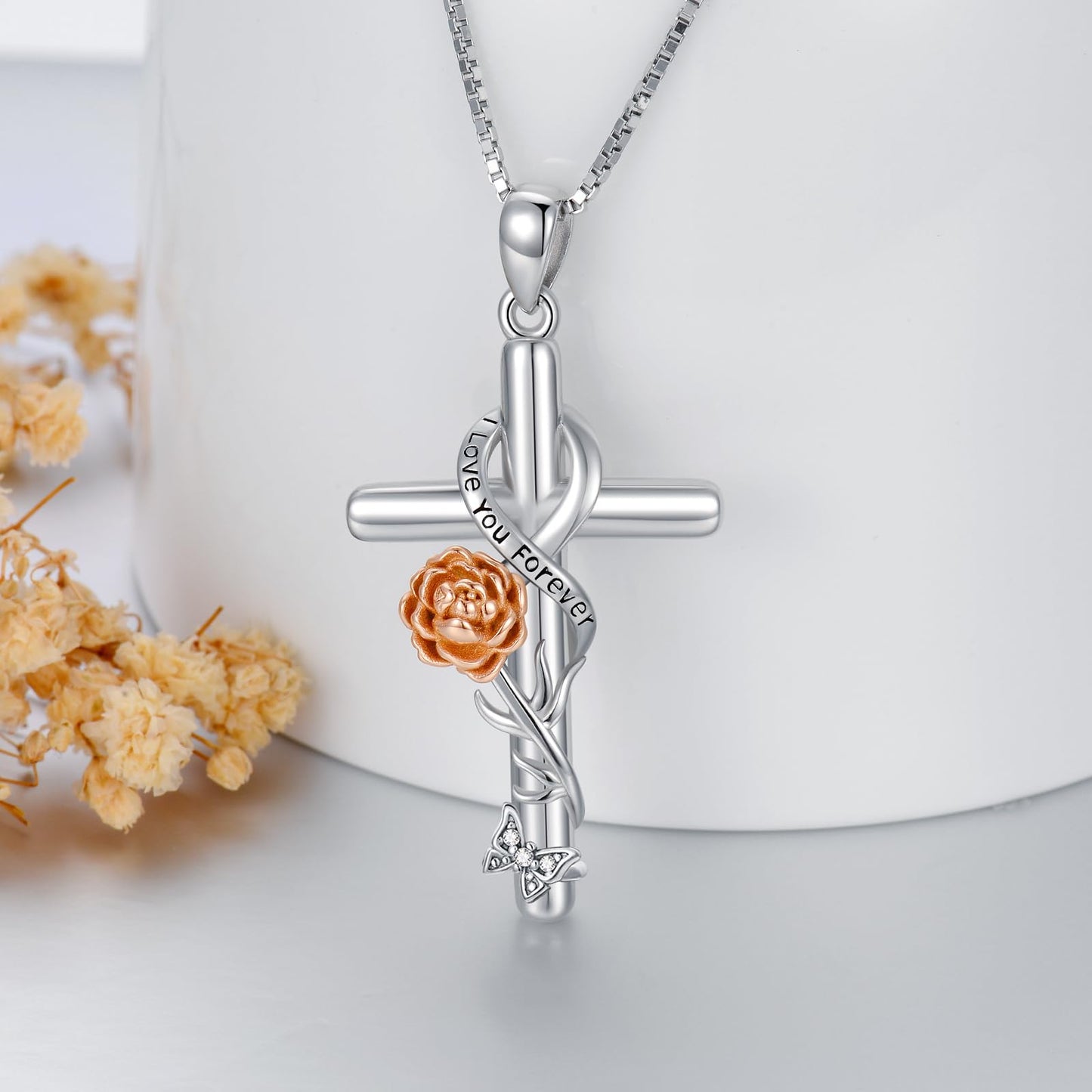 Flpruy Cross Necklace 925 Sterling Silver Peony Necklace September Birthday Jewelry Gifts Birth Flower Floral Pendant for Women Mom