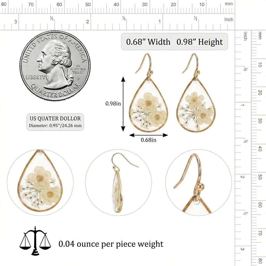 Jean Beau Handmade Pressed Flower Earrings for Women, Unique Resin White Dried Flowers Gold Plated Teardrop Dangle Drop Nature Floral Earings Fashion Summer Jewelry Gift