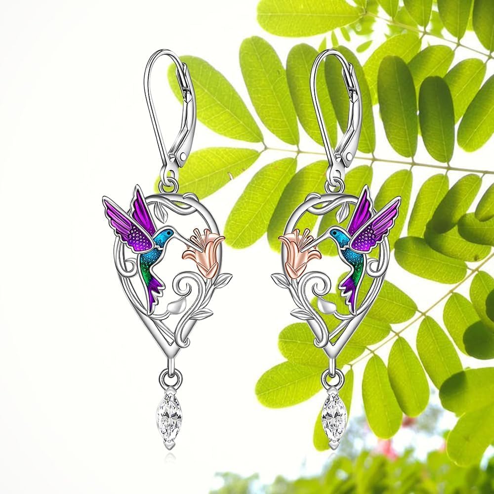 Hummingbird Earrings Purple Hummingbird Earrings for Women Sterling Silver Flower Teardrop Zircon Dangle Bird Jewelry Memorial Mothers Day Christmas Healing Gifts