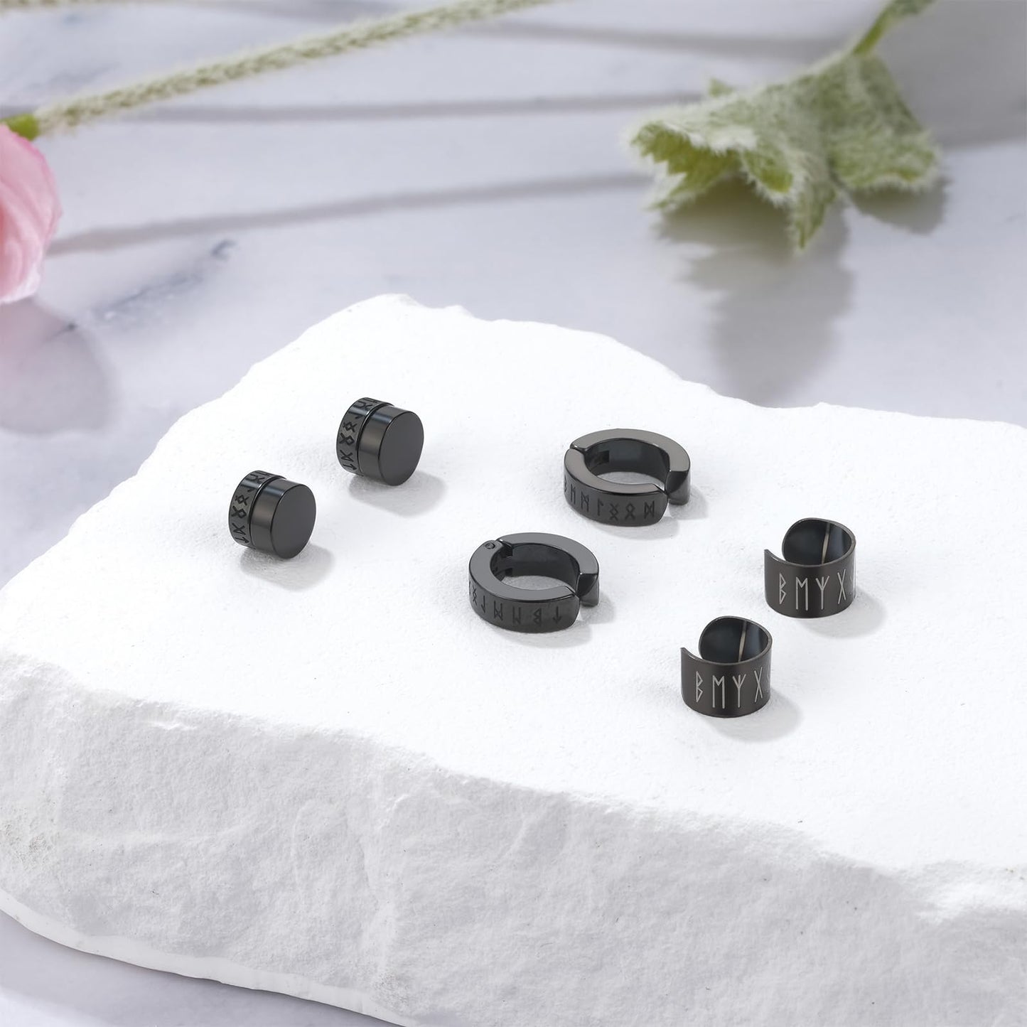 6PCS Viking Non-Piercing Magnetic Earrings: Stainless Steel Black Punk Fake Cheater Studs Clip On Jewelry for Men Women