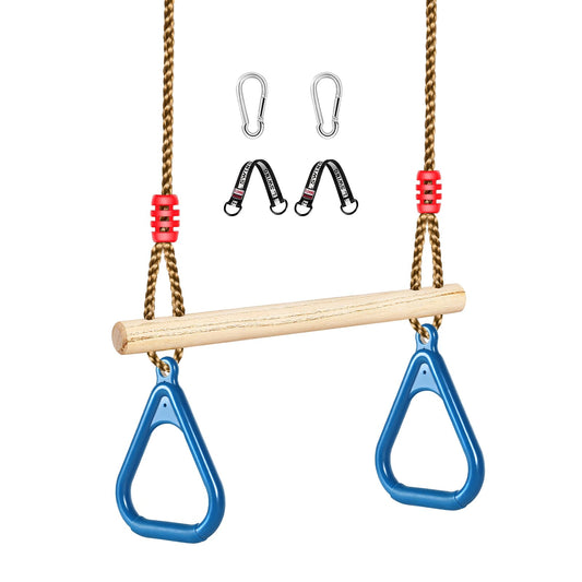 LadyRosian Wooden Trapeze Swing Bar, Adjustable Height Swing Set, Gym Rings, Playground Attachments, 16.5" Monkey Bar for Backyard, Playground, Playroom (Blue)