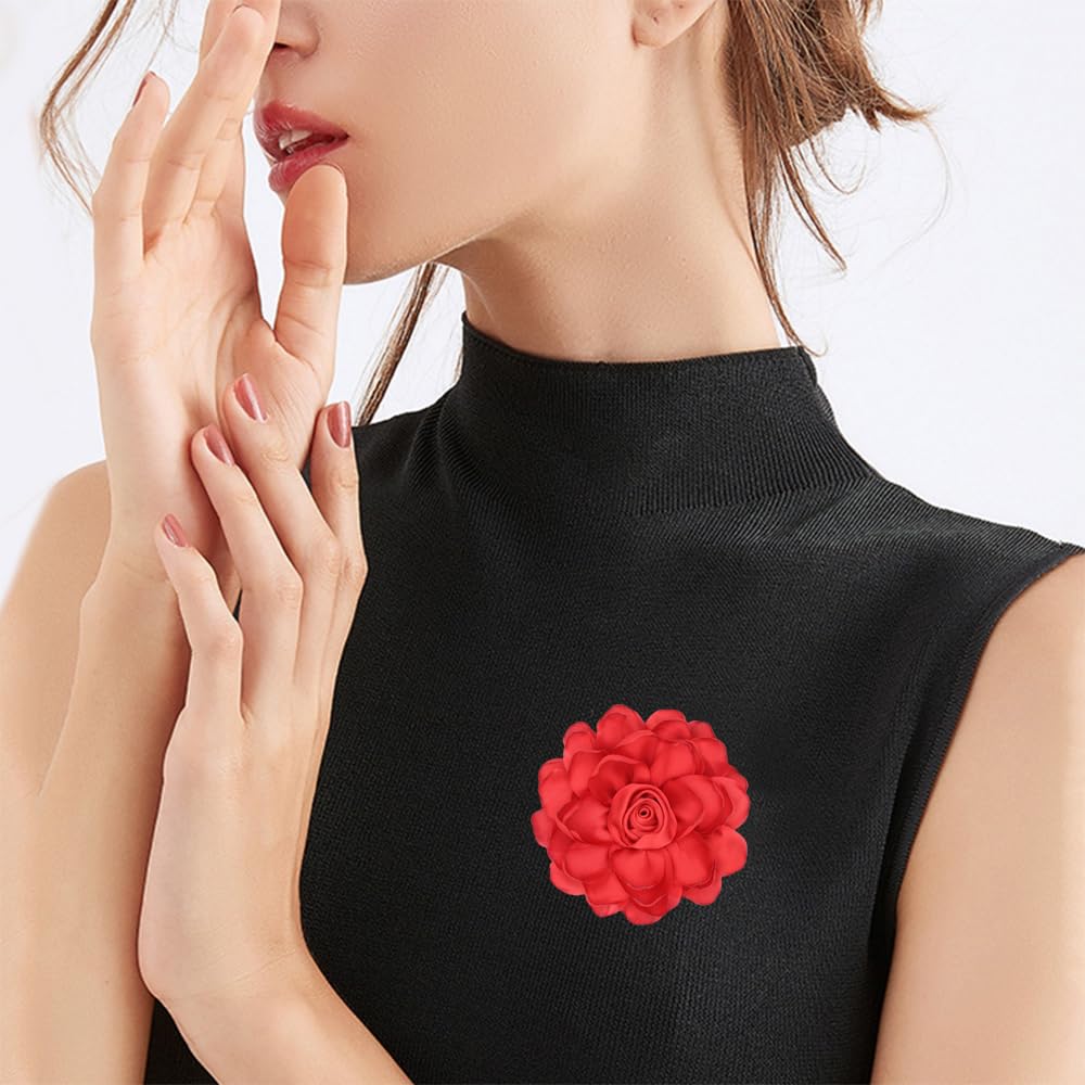 Elegant Large Cloth Flower Brooches Big Camellia Flower Pin for Women Dainty Cloth Fabric Rose Brooches Dress Skirt Scarf Hat Pins Clothing Decoration Accessories (Red A)