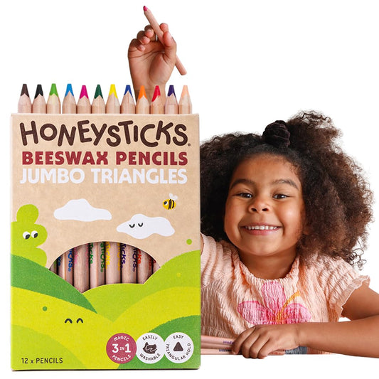 Honeysticks Jumbo Triangle Colored Pencils (12 Pack) - Preschool Pencil with Non-Toxic Beeswax Core, Large Triangular Shape, Easy Grasp, Bright Colors, Toddler Coloring and Drawing, Kids 1-3, 2-4, 3-5