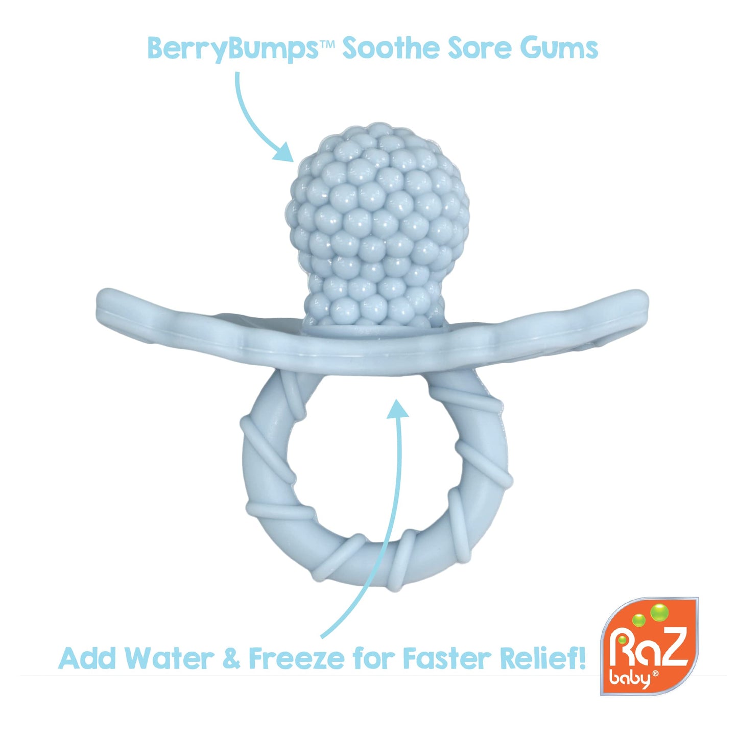 RaZbaby Penguin RaZbuddy w/RaZberry Teething Relief Pacifier – Soothes Sore Gums w/Nature-Inspired Texture, 100% BPA-Free Silicone Teether, Detachable Stuffed Animal – 3 Months+ Teether, Blue