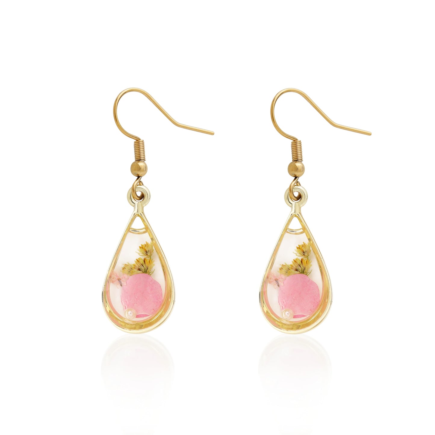 Jean Beau Handmade Pressed Flower Earrings for Women, Unique Resin Pink Dried Flowers Gold Plated Teardrop Dangle Drop Nature Floral Earings Fashion Summer Jewelry Gift