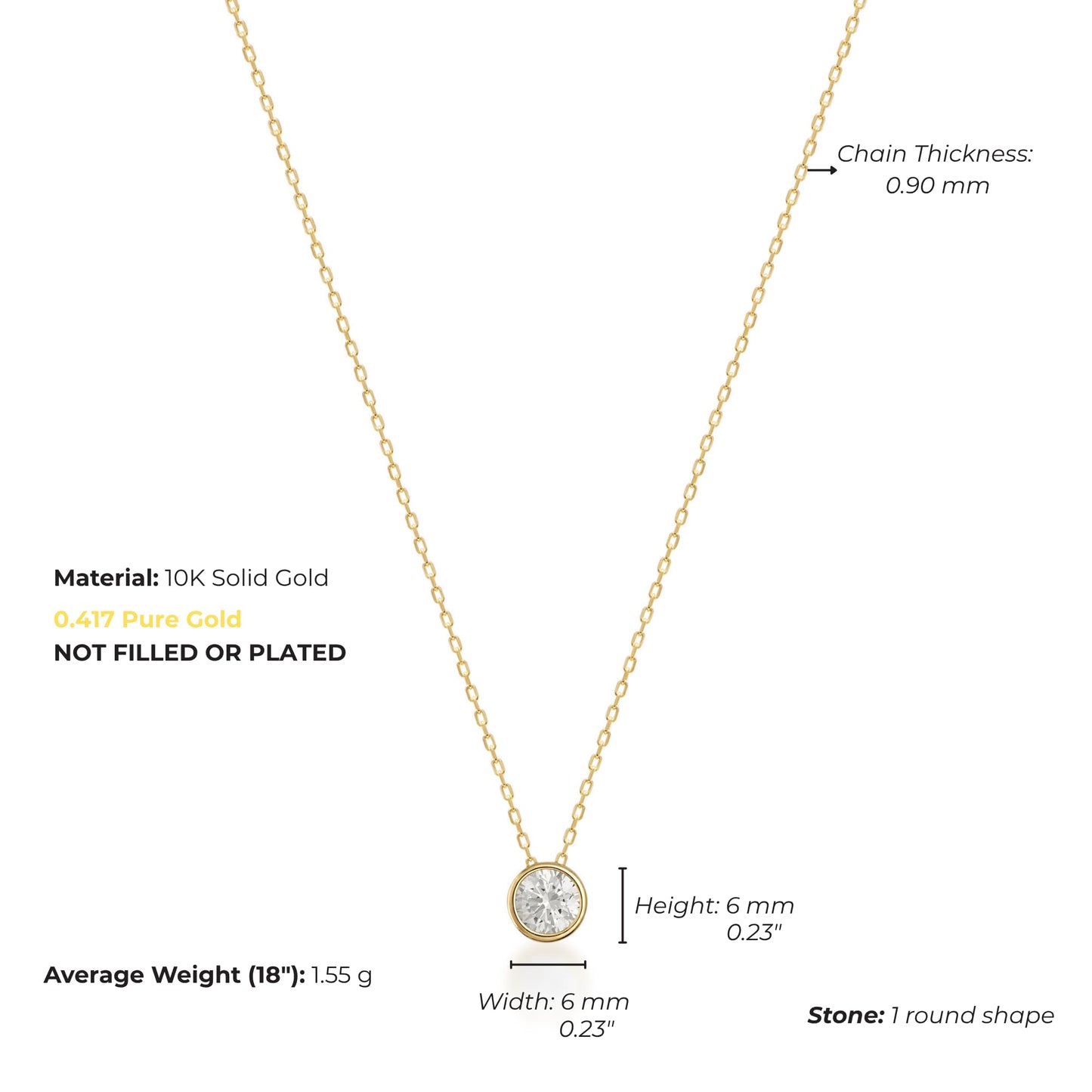 Golden Planet 10K Solid Gold Bezel Set Circle Cubic Zirconia CZ Solitaire Necklace | Elegant Dainty Halo Choker Necklace for Women - 18" Chain 45 cm