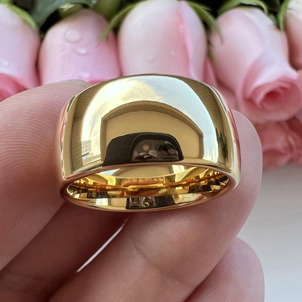 TUTISS 10mm Gold Tungsten Rings for Men Women Engagement Wedding Bands Domed Polished Comfort Fit Size 15
