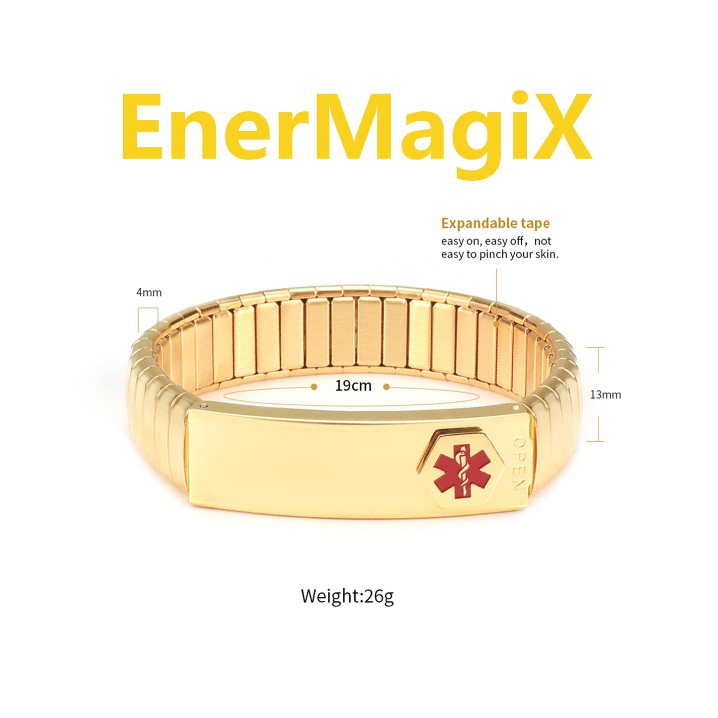 EnerMagiX Medical Alert Bracelet for Men Women, Id Elastic Stainless Steel Personalised (Put Details in Lift Up Section, Customized Card+Strips Free) (Gold, 7.48'')