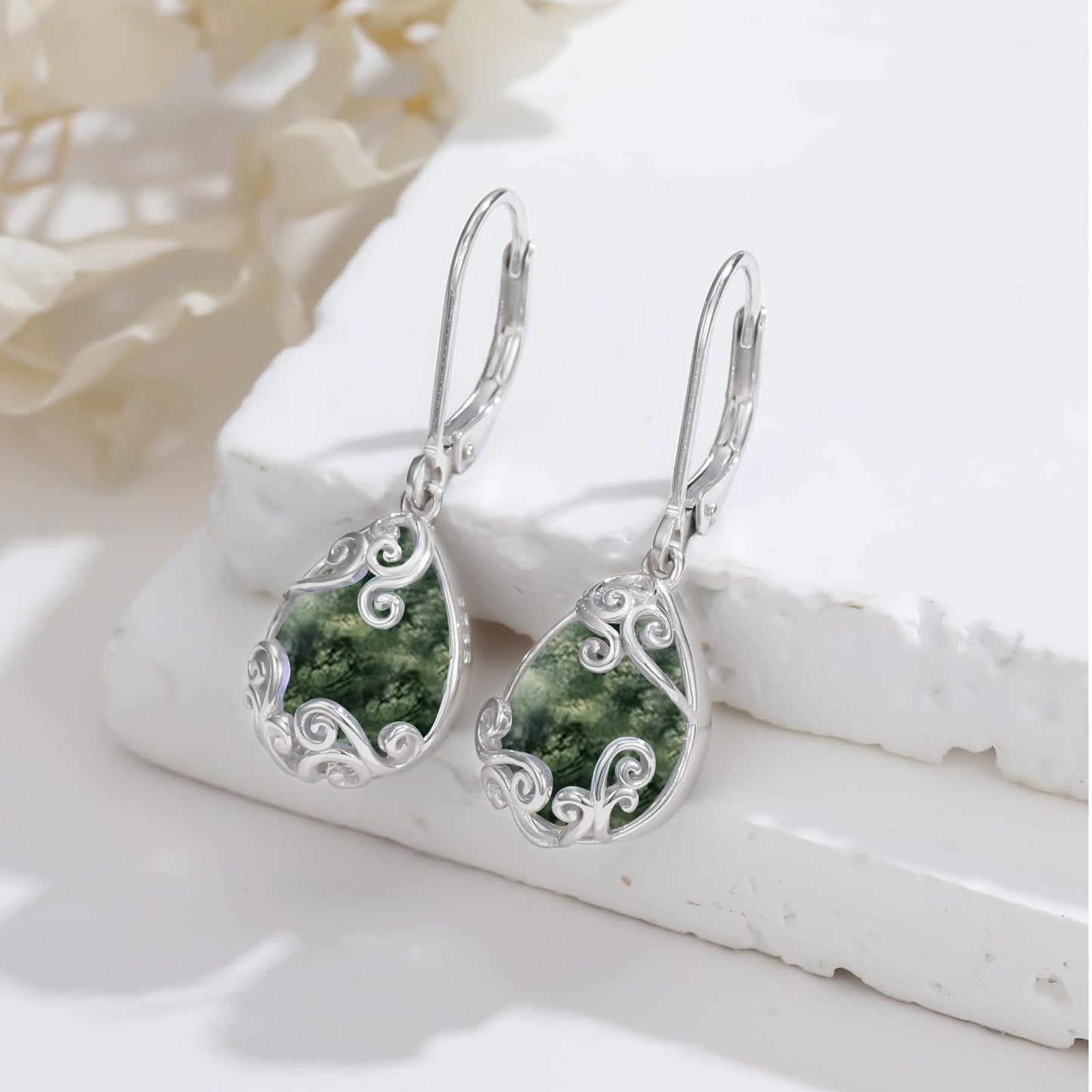 KoyeKei Moss Agate Filigree Leverback Earrings for Women 925 Sterling Silver Moss Agate Teardrop Dangle Drop Earrings Jewelry Filigree Gradution Gifts for Daugther Sister Girlfriend