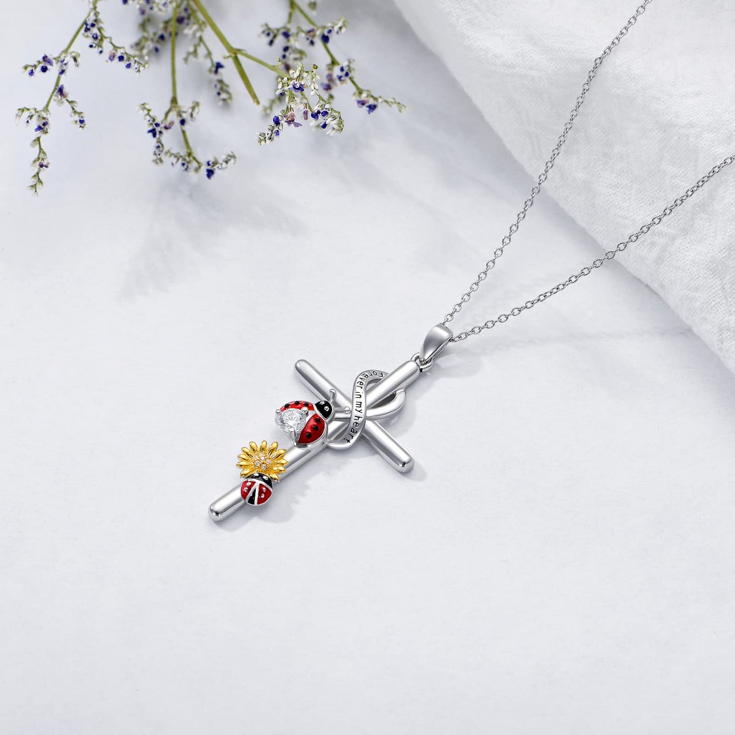 Flpruy Ladybug Necklace for Women 925 Sterling Silver Ladybug Cross Pendant Jewelry Gifts for Mother Grandma